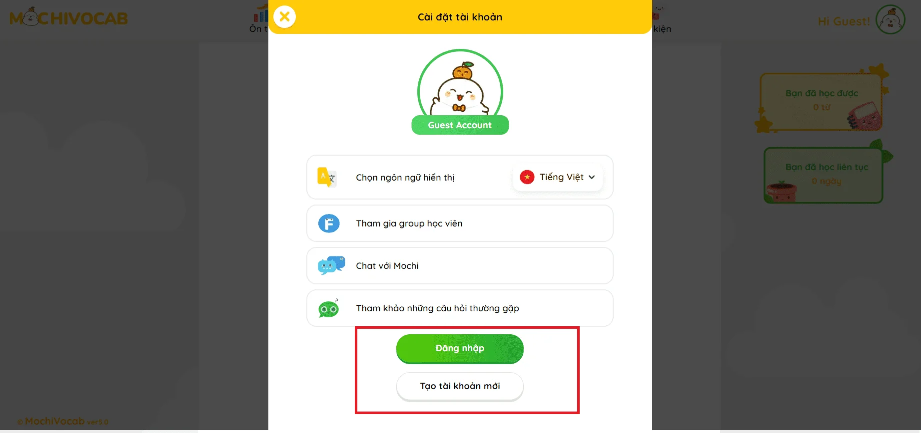 Tạo tài khoản mới MochiVocab