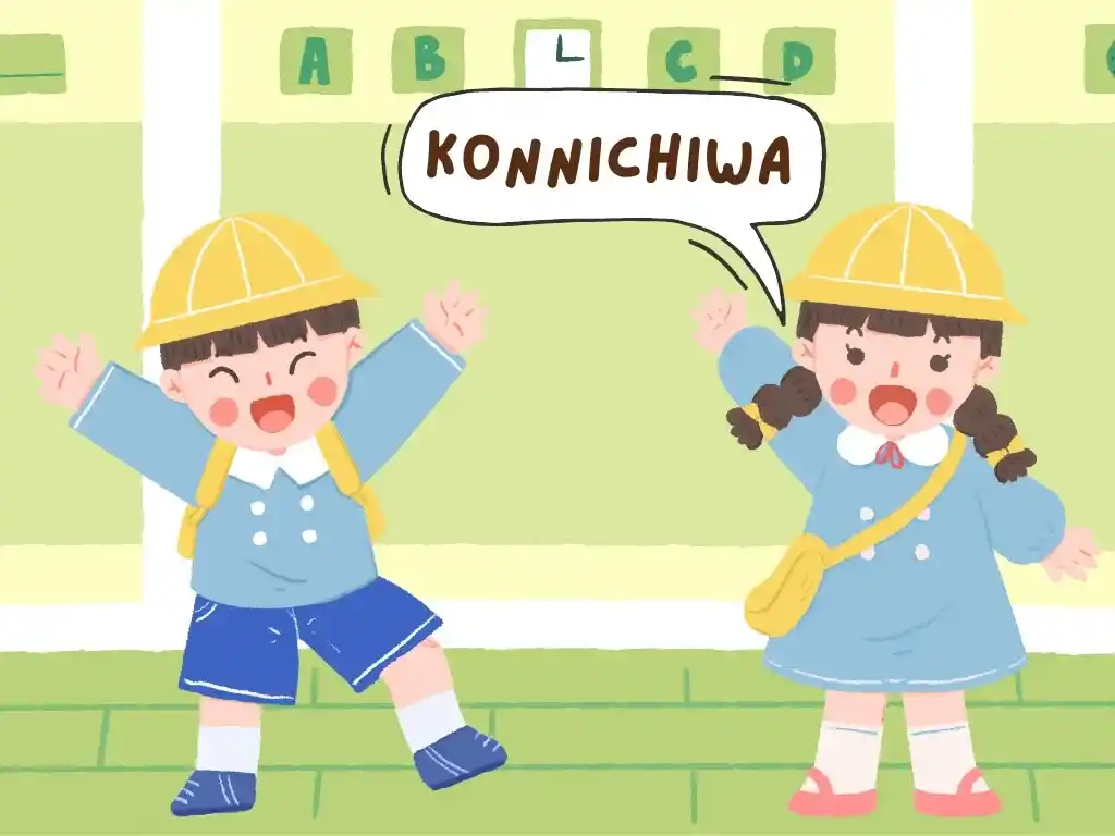 2 nhân vật hoạt hình chào Konnichiwa