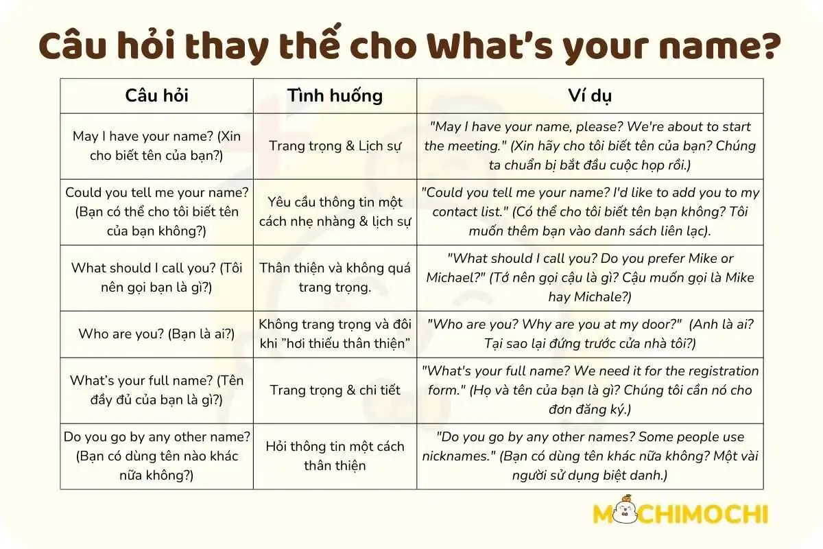 câu hỏi thay thế cho what is your name 