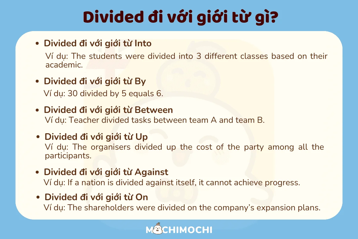 Các giới từ đi với divided