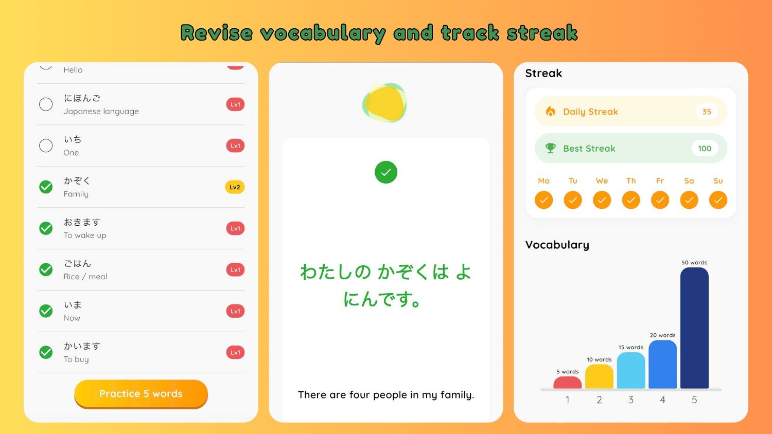App interface displaying MochiKaiwa’s main features for improving Japanese conversation skills