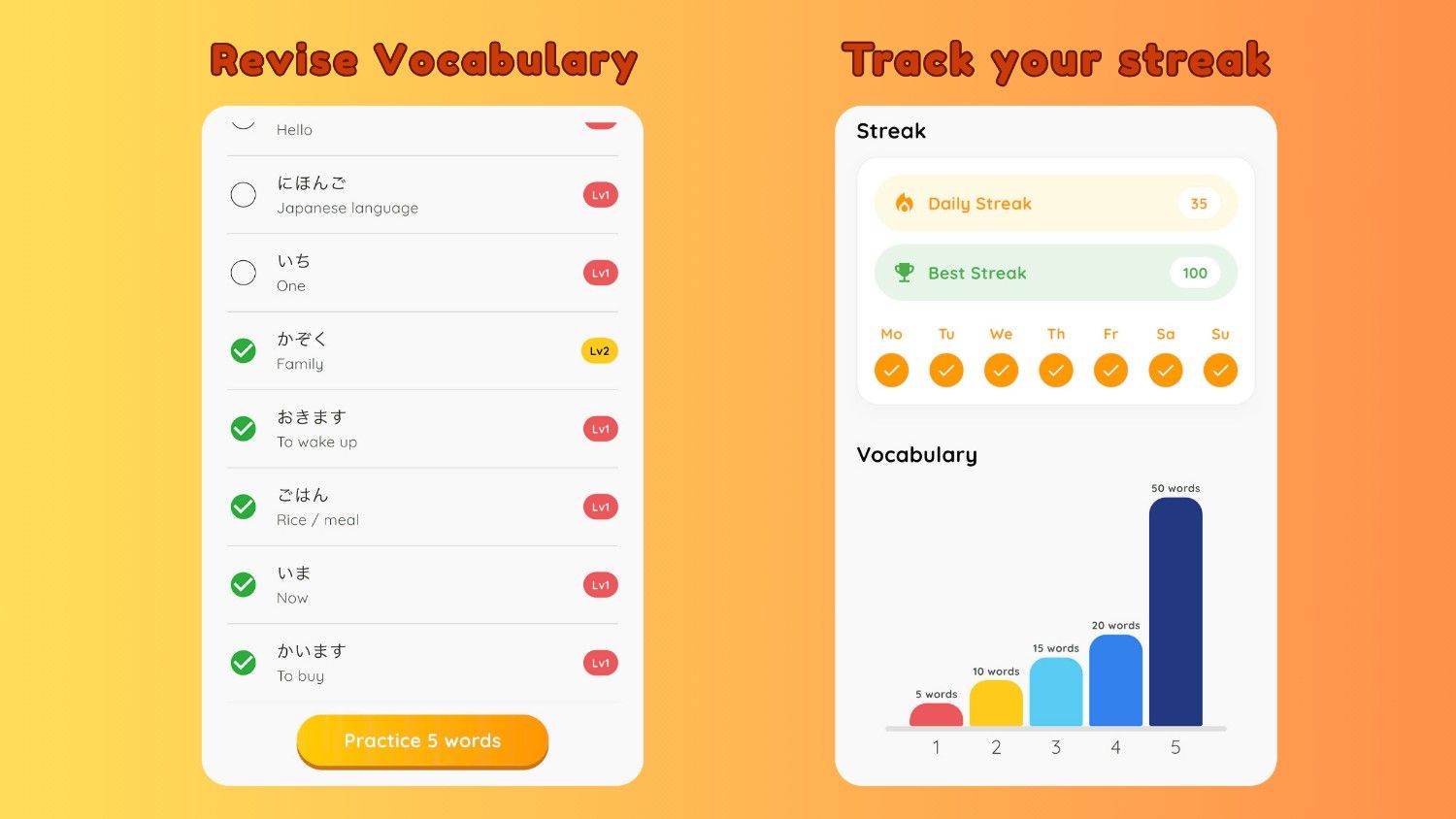 MochiKaiwa feature interface displaying learned vocabulary count and active daily streak.