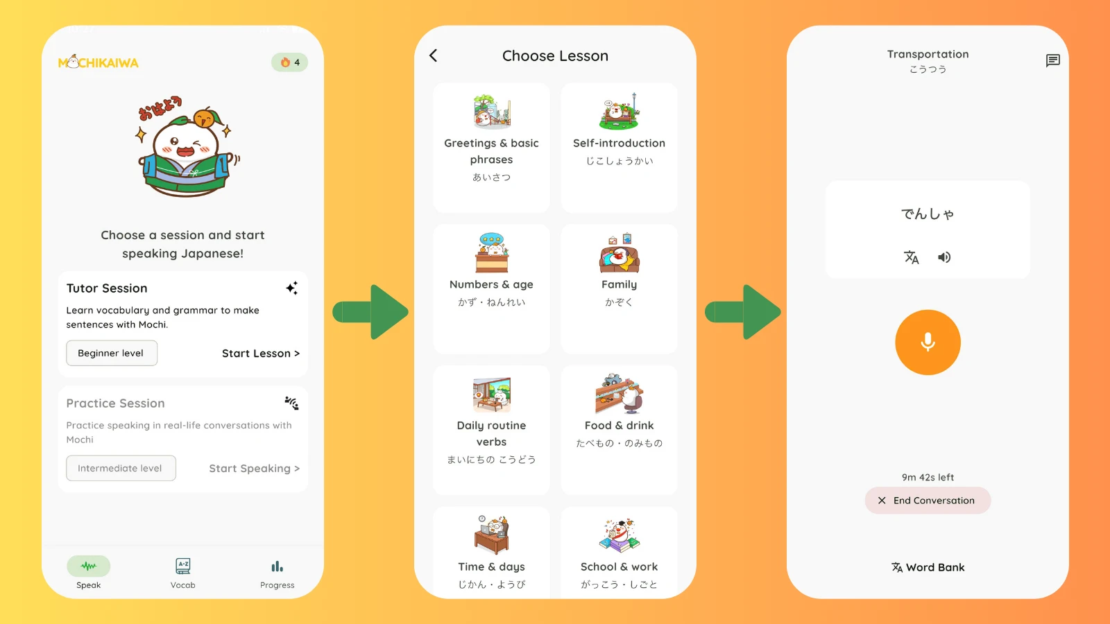 Step-by-step guide showing how to use the MochiKaiwa Japanese speaking practice app 