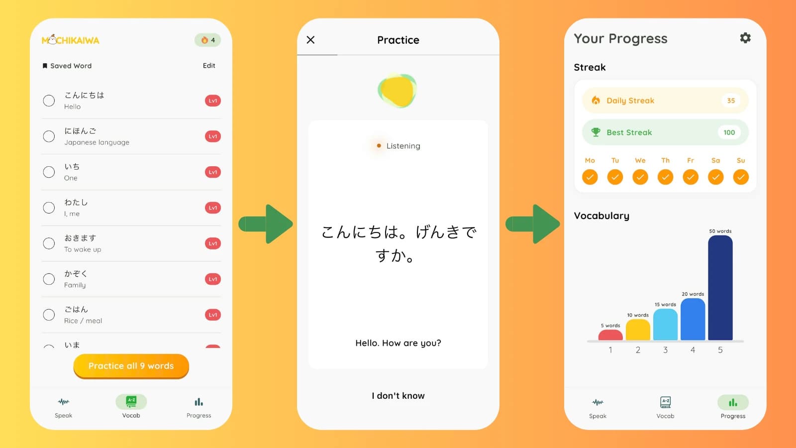 Step-by-step guide demonstrating how to use the Japanese speaking practice app for vocabulary learning